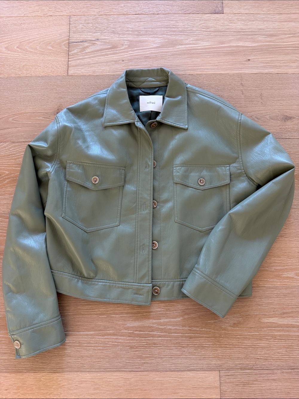 Wilfred Olive Green Faux Leather Button-Front Jacket. Size M
